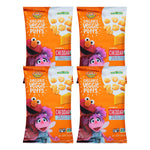 Four packages of Organic Veggie Puffs with Sesame Street characters on an orange background
