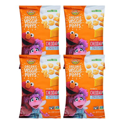 Four packages of Organic Veggie Puffs with Sesame Street characters on an orange background