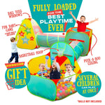 5pc Kids Play Tent for Toddlers with Ball Pit, Crawl Tunnel, Indoor & Outdoor Playhouse, Jungle Gym, Toys for Boys & Girls, Includes Dart Balls, Teepee & Basketball Hoops