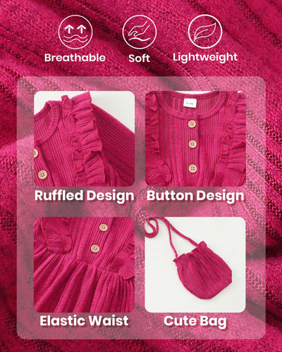 Kucnuzki 3T 4T Girl Clothes Toddler Girl Dress Long Sleeve Round Neck Solid Color Baby Clothes Fall Winter Toddler Outfit Hot Pink Casual Flare Dresses for Kid