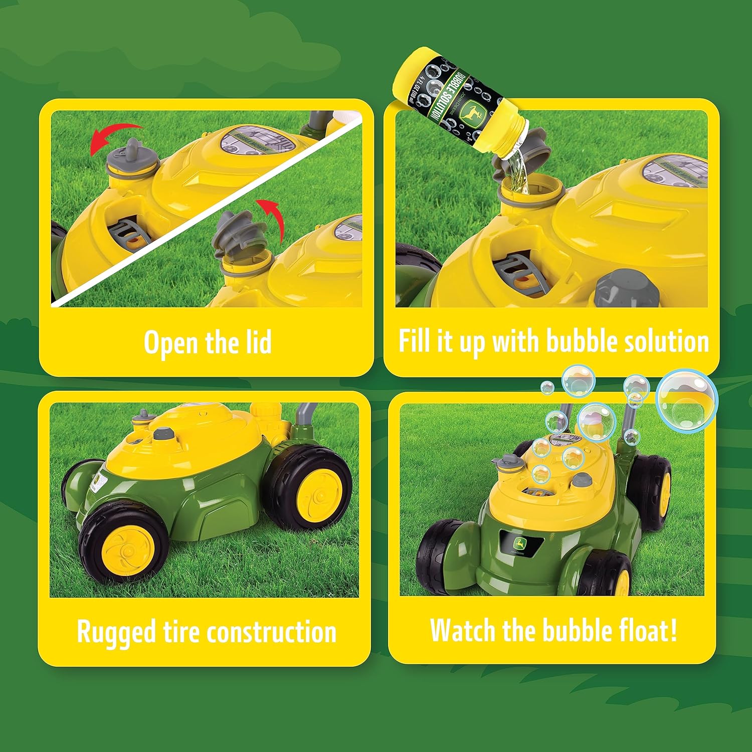 John Deere Bubble Lawn Mower for Toddlers, Bubble Blowing Machines, Indoor and Outdoor Gardening Toy, Birthday, Party Favor for Preschool Girls and Boys, No Batteries Required, 2+