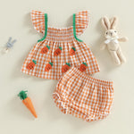 Afunbaby Baby Girl Summer Clothes Heart Print Ruffle Strap Tops Dress Shorts 2 Pcs Princess Fashion Outfit Sets (Orange plaid, 6-12 Months)