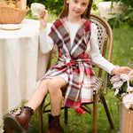 PATPAT Girls Fall Dress Set – Long Sleeve Knit Dress with Red Plaid Shacket – Kindergarten Outfit for Holiday Photos, 5–6 Years