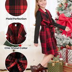 PATPAT Girls Holiday Fall Outfit – Long Sleeve Dress with Burgundy Plaid Cardigan – Great for Thanksgiving, 5–6 Years