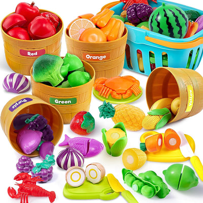 Colorful toy fruits, vegetables, and animals in labeled baskets on a white background