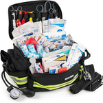 Scherber First Responder Fully-Stocked Professional Essentials EMT/EMS Trauma Kit | HSA/FSA Approved | Reflective Bag w/8 Zippered Pockets & Compartments & 200+ First Aid Supplies - Red