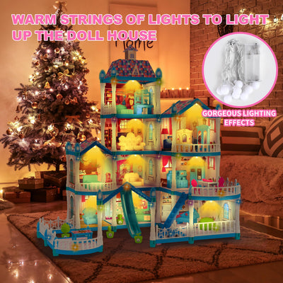 OCTERIC Doll House for Girls ,10 Rooms Blue Doll House with Dolls Figure, Puppies ,Furnitures, Accessories, LED Light, Toddler Playhouse Gift for for 3 4 5 6 7 8 9 10 Year Old Girls Toys