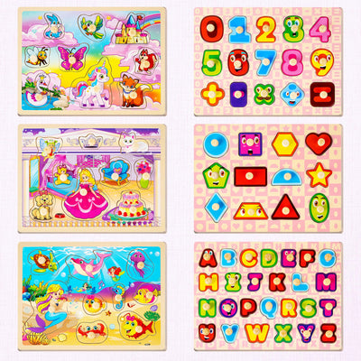 SYNARRY Wooden Puzzles for Toddlers 1-3, 6XSET Toddlers Puzzles Ages 1-3 with Rack, Learning Alphabet Number Shape Unicorn Princess Mermaid Animal, Gifts Toys for Girls Ages 2-4