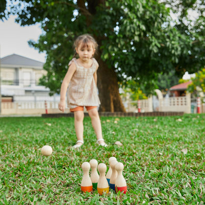 PlanToys® Bowling Set Wooden Montessori Gross Motor and Coordination Toy | Movement, Concentration and Early Math Learning Activity | Eco Friendly Indoor and Outdoor Bowling Game