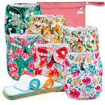 Set of colorful floral-patterned cloth diapers with a pink pouch in the background.