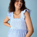 Motherhood Maternity Women's Sleeveless Ruffle Shoulder Smocked Maxi Pregnancy Dress, Blue/White Stripe, Medium