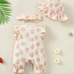 Renotemy Baby Girl Newborn Clothes Infant Summer Outfits Bubble Romper Cotton Linen Strawberry Sleeveless Bodysuit Jumpsuit with Hat&Headband Baby Shower Gifts Coming Home Outfit for 3-6 Months Girls