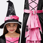 Spooktacular Creations Halloween Fairytale Witch Dress for Kids, Girls Cute Witch Costume Deluxe Set with Broom for Toddler Halloween Role Play Parties, Pink (S 5-7yrs)