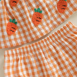 Afunbaby Baby Girl Summer Clothes Heart Print Ruffle Strap Tops Dress Shorts 2 Pcs Princess Fashion Outfit Sets (Orange plaid, 6-12 Months)