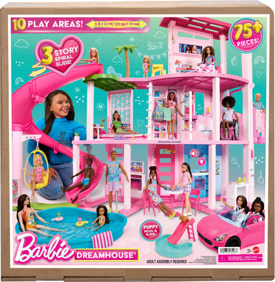 Barbie Dreamhouse, Pool Party Doll House with 75+ Pieces and 3-Story Slide, House Playset, Pet Elevator and Puppy Play Areas