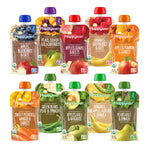 Assorted Happy Baby food pouches on a white background