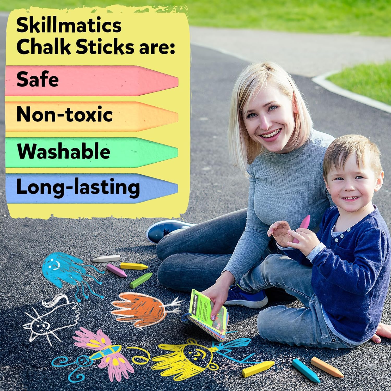 Skillmatics Sidewalk Chalk Activity Kit - Creative Outdoor Fun with 18 Washable Chalk Sticks, 15 Activities & Games for Kids, Gifts for Boys & Girls Ages 3, 4, 5, 6, 7, 8, 9, 10