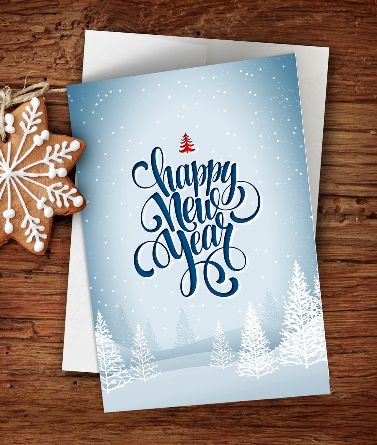 Happy New Year Cards - One Jade Lane - Winter White, 5x7, Heavy Stock, Set of 18 Holiday Cards & Envelopes.