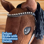 Playful Minds Large Hobby Horse for Kids and Adults – Show Quality with Rhinestone Studded Bridle, Removable Reins, and Long Mane – Plush Handmade Tournament Stick Horse (Bay (Brown))