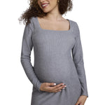 Motherhood Maternity Women's Long Sleeve Ribbed Square Neck Bodycon Casual Pregnancy Dress, Heather Grey, Medium