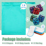 Wegreeco Cloth Diapers 6 Pack with Inserts & Wet Bag, Washable Reusable Diapers for Babies, One Size Adjustable (Abstract Geometrical)