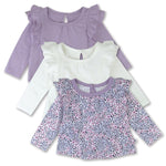 HonestBaby 3-Piece Long Sleeve Ruffle T-Shirts 100% Organic Cotton for Toddler, Baby Girls, Dusty Purple Wisteria, 3-6 Months