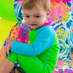 RUGGEDBUTTS Baby Boys UPF50+ Sun Protected Full Length Long Sleeve Rash Guard One Piece Swimsuit - Neon Color Block, 3-6m
