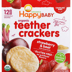 Happy Baby organic teether crackers packaging with strawberries and beet on a red background