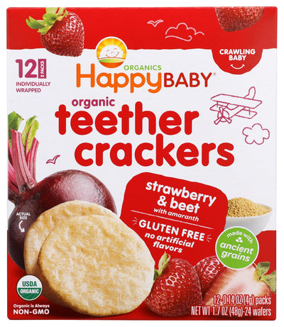 Happy Baby organic teether crackers packaging with strawberries and beet on a red background