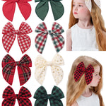 Doboi 8PCS Baby Girls Hair Clips Large Christmas Fable Hair Bows Cotton Linen Bows for Girls Gingham Hair Accessories for Baby Toddlers Kids
