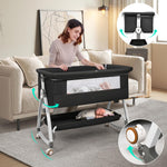 VOOI Baby Bassinet Bedside Sleeper, 3 in 1 Rocking Bassinet for Baby, Bassinet Bedside Sleeper with Wheels, Adjustable Height, Storage Basket, Mattress & Canopy, Bed Side Bassinet for Newborn