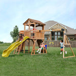 Backyard Discovery Sterling Point Cedar Wood Swing Set with Wave Slide, Raised Clubhouse, Wooden Bridge, Rock Wall, Belt Swings, Web Swing, Trapeze, Balcony, Climbing Wall, Ladder, Outdoor Playset
