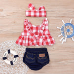 IWOKA Baby Girls Plaid Ruffle Bowknot Tank Top+Denim Shorts Outfit with Headband (80(6-12M), Red)