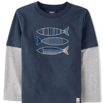 Gymboree,Boys,and Toddler Long Sleeve Embroidered Layered Top,Coastal Fish,8