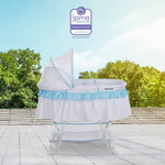 Dream On Me Lacy Portable 2-in-1 Bassinet & Cradle with Full Canopy, Storage Basket, Locking Wheels, Lightweight Frame, JPMA & BSA Certified, Includes 1” Mattress Pad -Blue and White