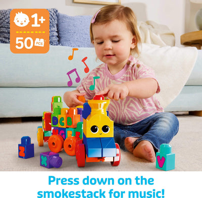 MEGA BLOKS First Builders Toddler Building Blocks Toy Set, ABC Musical Train with 50 Pieces, Music and Sounds, Ages 1+ Years
