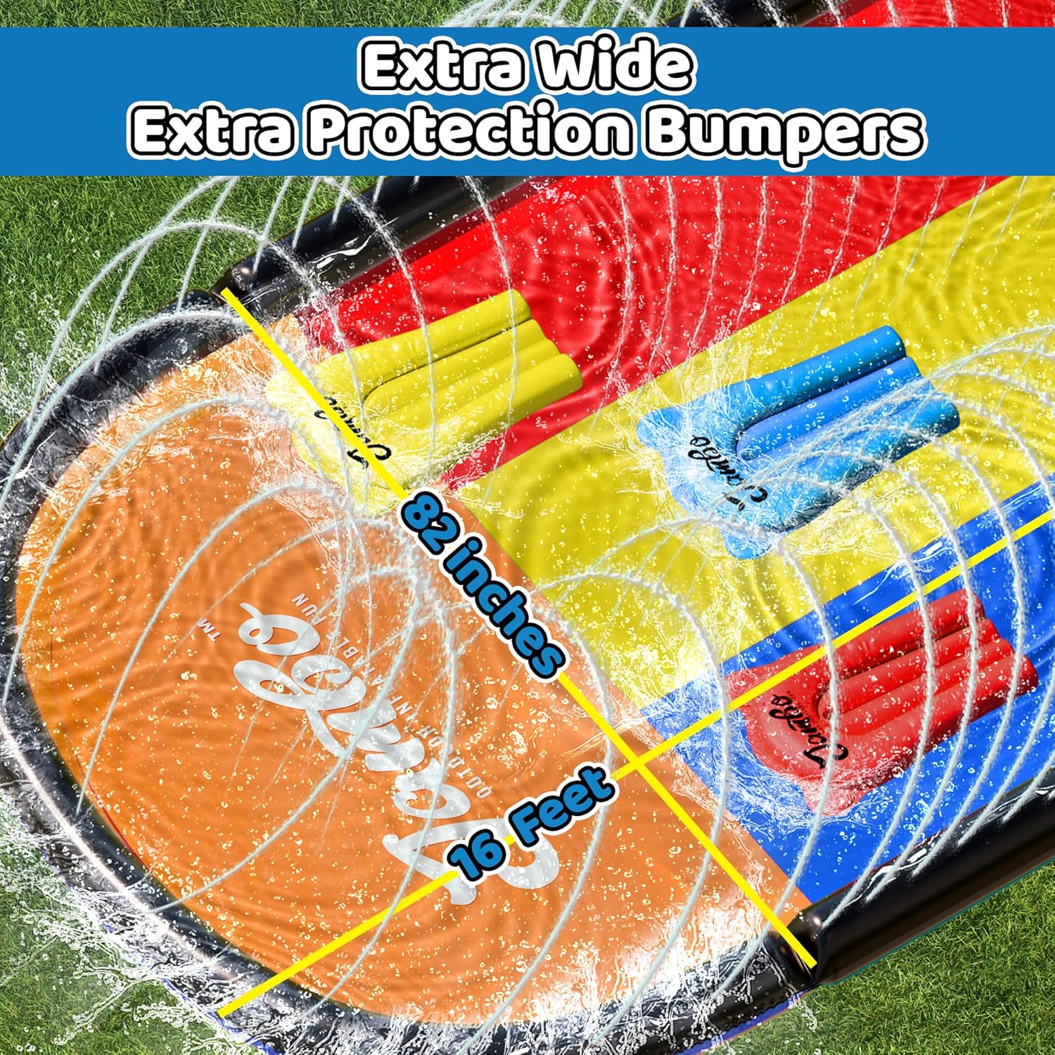 JAMBO Premium 16Ft Slip Splash and Slide and 3 Bodyboards Updated Model, Heavy Duty Water Slide - 3-Way Sprinkler System, Splash Mat Pad, Backyard Outdoor Water Toys n Slides for Kids