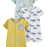 Simple Joys by Carter's unisex-baby Boys' 3-Pack Snap-Up Romper, Dinosaur/Dog/Double Stripe, 6-9 Months