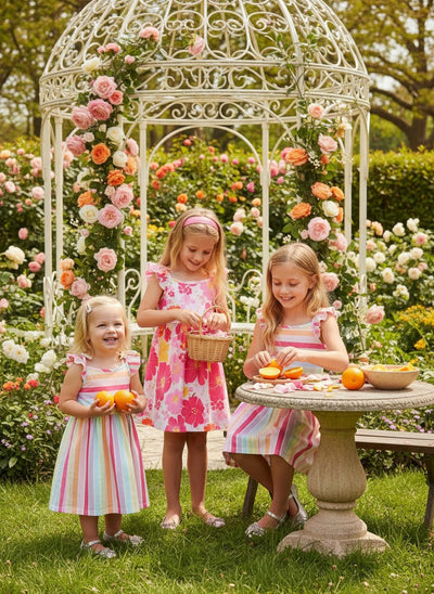 PATPAT Girls Dresses 3-Pack – Floral Orange Print, Stripe Dress & Bow Strap Sundress, Soft Cotton Outfits for School, Play & Vacations, 5–6 Years