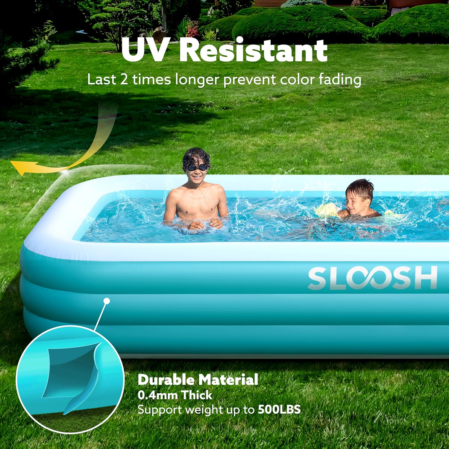 SLOOSH Inflatable Swimming Pool with Seats, 120" x 72" x 22" Full-Sized Blow Up Durable Thickened Above Ground Family Pool for Summer Water Party Backyard Garden Lawn,Cyan