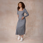 Motherhood Maternity Women's Long Sleeve Ribbed Square Neck Bodycon Casual Pregnancy Dress, Heather Grey, Medium