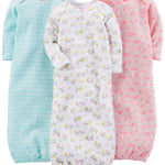 Simple Joys by Carter's Baby Girls' 3-Pack Cotton Sleeper Gown, Blue Ducks/Pink Animal/White Floral, Newborn