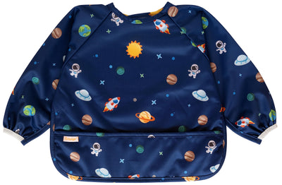 Navy blue children's apron with space-themed print on a white background