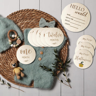 10 Pack Baby Monthly Milestone Signs – Wooden Double-Sided Discs for 1-12 Months, My First Holiday & Hello World Birth Announcement, Newborn Photo Props & Baby Shower Keepsake Gift for Boys & Girls