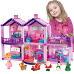 Doll House for Girls,6 Rooms Pink Dollhouse with Dolls Figure, Puppies,Furniture, Accessories, Kids Playhouse for for 3 4 5 6 7 8 9 10 Year Old