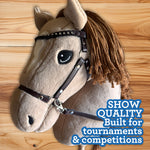 Playful Minds Large Hobby Horse for Kids and Adults – Show Quality with Rhinestone Studded Bridle, Removable Reins, and Long Mane – Plush Handmade Tournament Stick Horse, Palomino