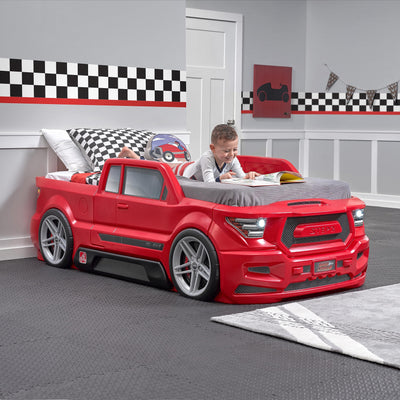 Step2 Turbocharged Twin Size Truck Car Bed, Car Bed for Boys & Girls, Working Headlights & Built-In Storage, Made of Durable Plastic, For Toddlers 3+ Years Old, Vibrant Red