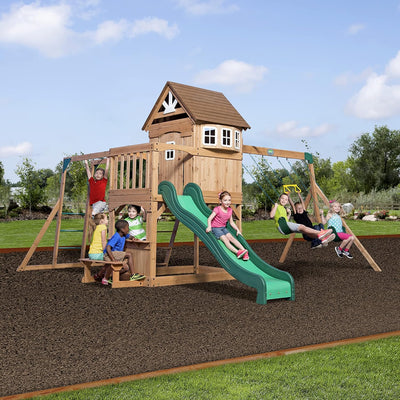 Backyard Discovery Montpelier Cedar Wood Swing Set with Wave Slide,Clubhouse, Monkey Bars, Picnic Area, Snack Bar, Belt Swings, Trapeze, Balcony, Playhouse, Working Door, Ladder, Outdoor Playset