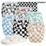 Set of patterned cloth diapers with checkered and solid designs on a white background.
