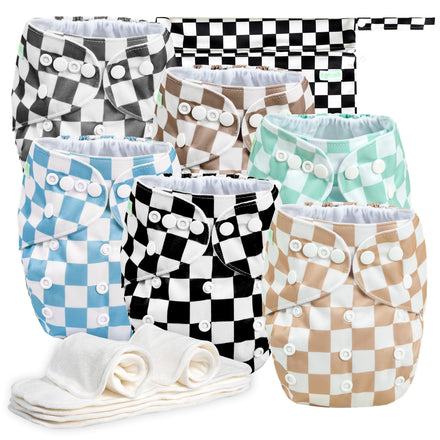 Set of patterned cloth diapers with checkered and solid designs on a white background.
